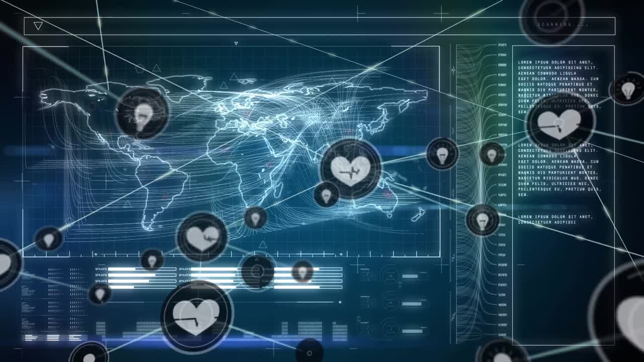 아크 원자로의 애니메이션과 백인 의사들이 노트북을 통해 보고서를 논의하는 육각형의 아이콘