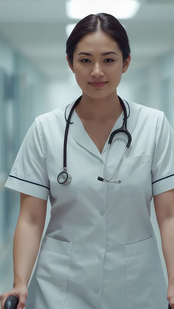 Vertical video: Entering nurse pushing cart down hospital hall to deliver meds, stethoscope resting