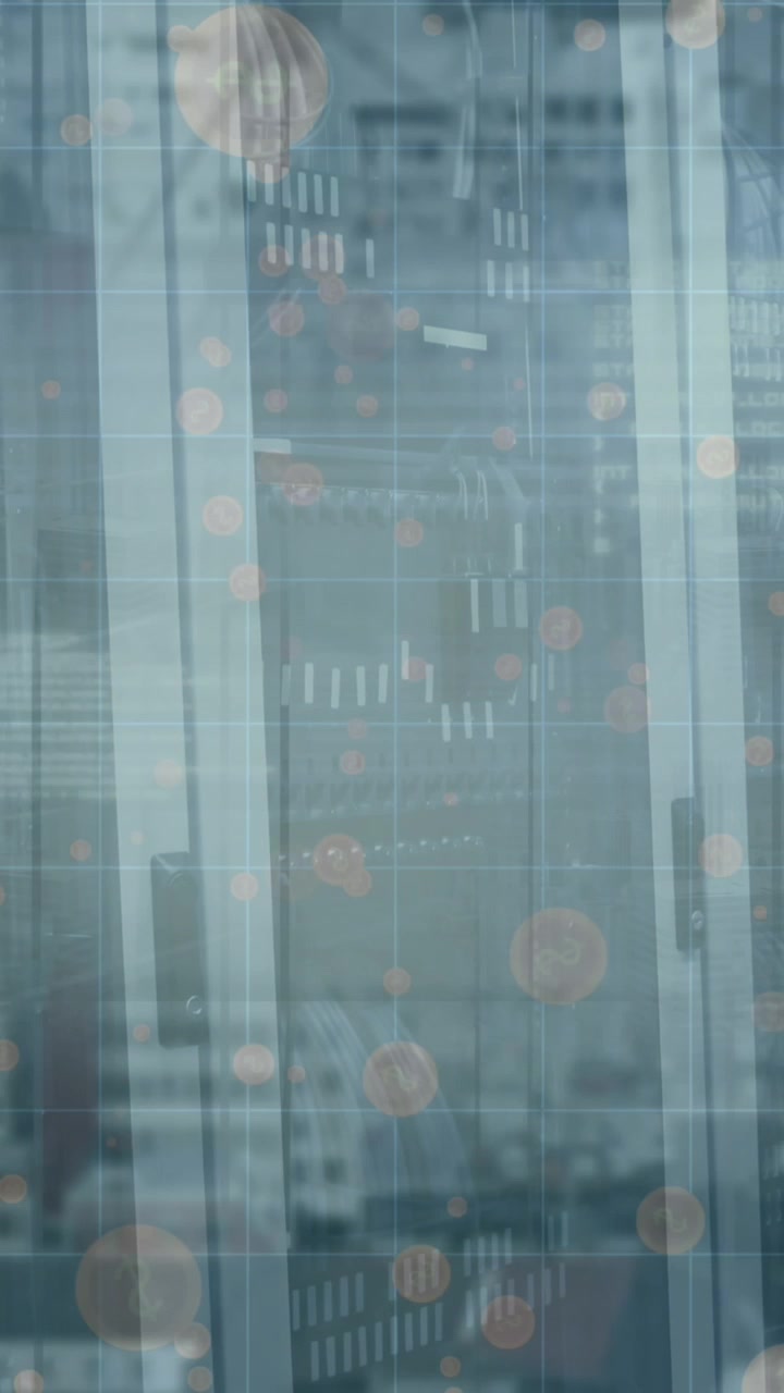 Animation of light spots and server room over cityscape