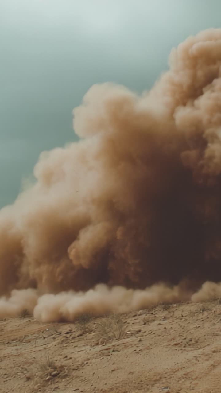 Una drammatica tempesta di sabbia nel deserto: assisti alla potente eruzione di polvere e sabbia mentre la natura scatena la sua furia in uno spettacolo mozzafiato di forze atmosferiche