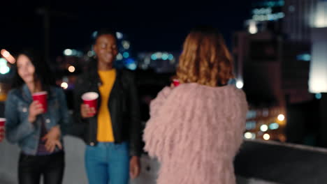 rooftop, cheers and woman with friends at a party