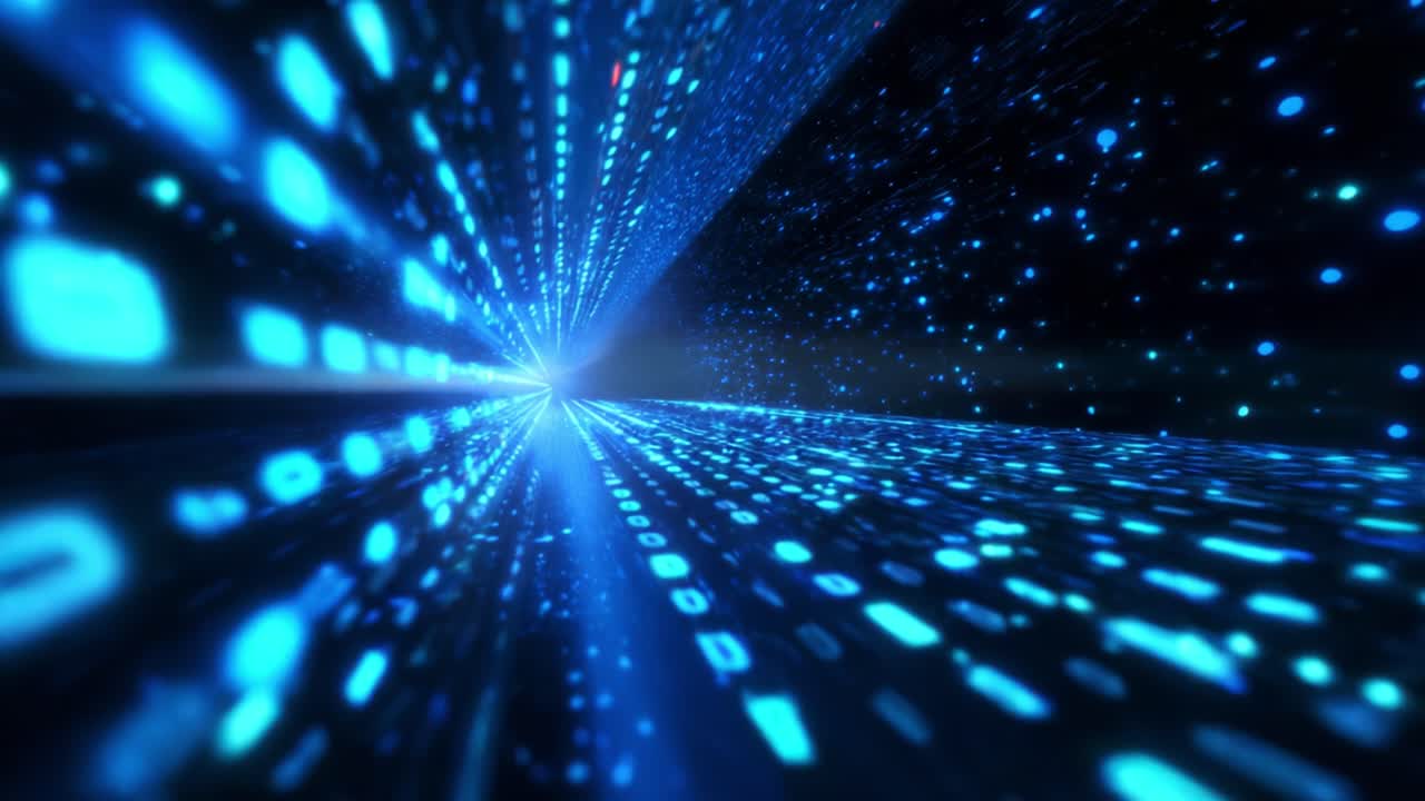 A mesmerizing journey through a digital tunnel of light and binary patterns, depicting the incredible flow of data in a futuristic landscape where technology and imagination collide