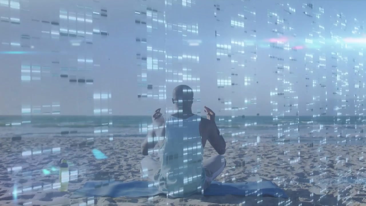 Man on mat at shore raising hands starting meditation forming mudra with front-overlay for wellness