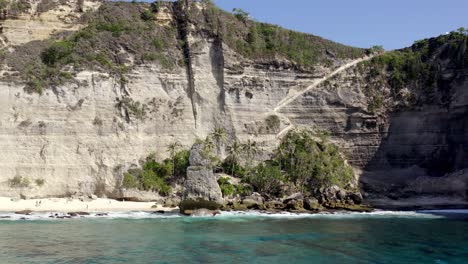 Hut-inside-vegetation-patch-at-Diamond-Beach-in-Nusa-Penida-island-Indonesia,-Aerial-dolly-left-shot