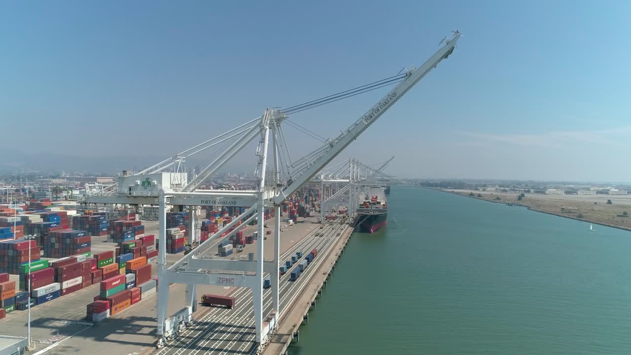 Aerial view of container ships and lifting cranes in the Port of Oakland California