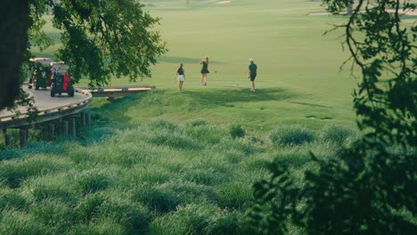 distant shot through trees capturing one male and two female golfers on the tee box preparing to tee off. scenic golf course setting with natural framing, bright weather, and a calm outdoor atmosphere