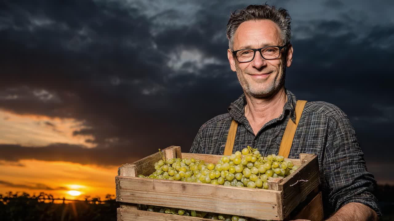 A Proud Vineyard Worker Holds a Wooden Crate of Freshly Harvested Grapes Against a Dramatic Sunset Sky, Showcasing the Bounty of Nature's Growth and Hard Work