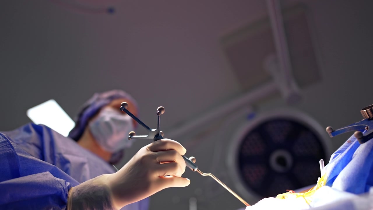 Surgeon hand holding cranial fixation clamp during neurosurgery. Low angle, gloved hand grips metal clamp in foreground, blurred surgeon and surgical lamp in background.