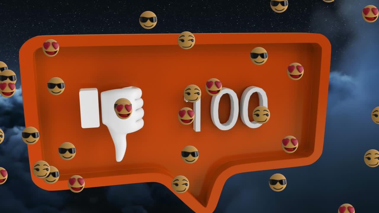 이모티콘의 애니메이션이 소셜 미디어 반응과 구름을 통해 움직입니다.