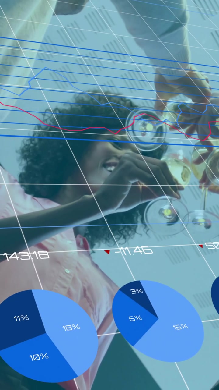 Animation of changing numbers, loading circles, low angle view of coworkers toasting with wine