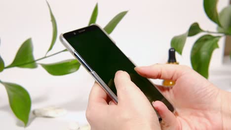 female hands with a smartphone on a white background with plants. digital devices. social networks, online communication, shopping, lifestyle. online shopping or education.