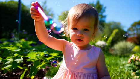 niña jugando con burbujas en el jardín