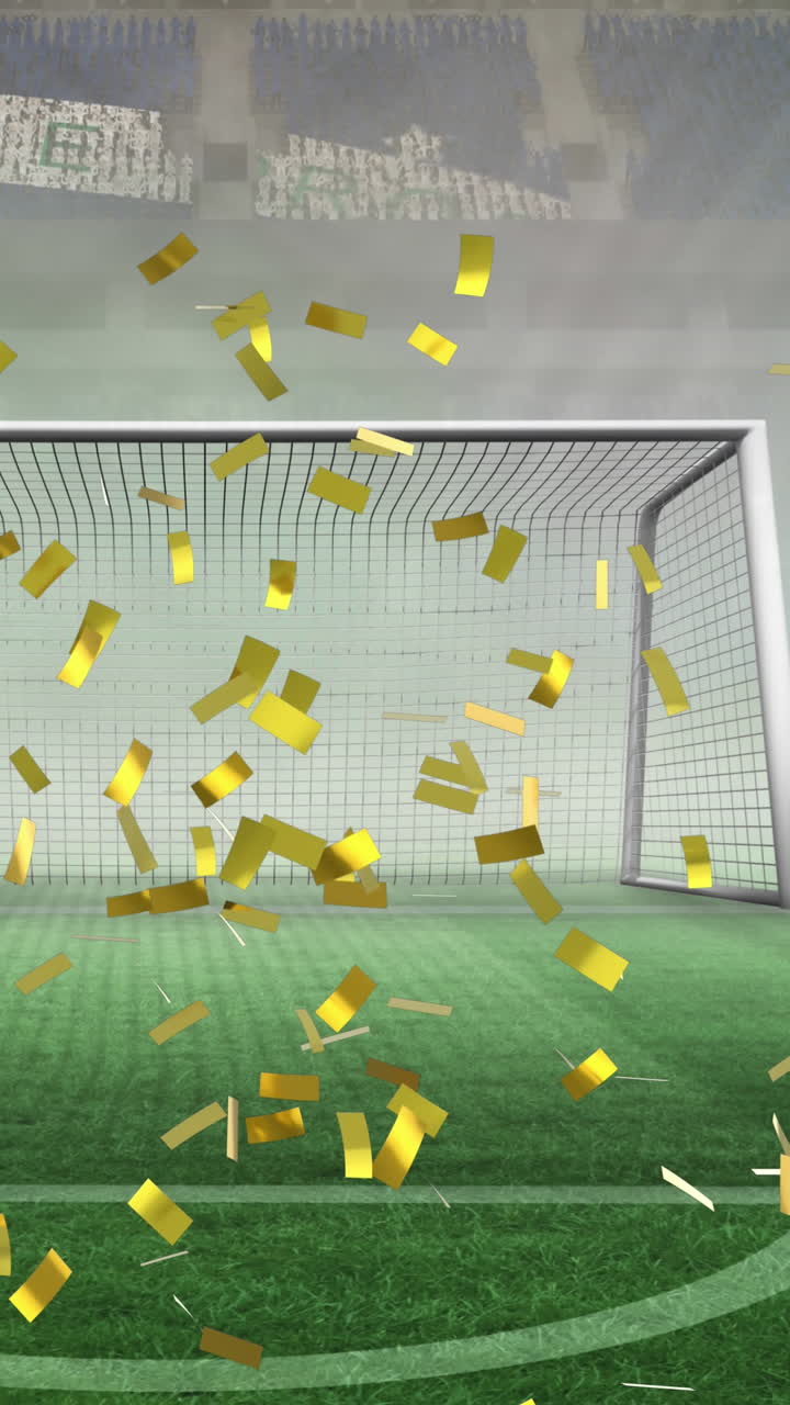 animación de confeti de oro cayendo sobre la bandera de brasil en un estadio deportivo