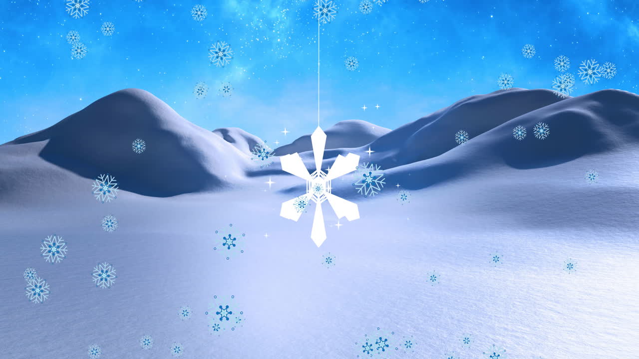 Animation of paper snowflake over snow falling