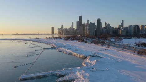 aerial view of chicago lakeshore during polar vortex