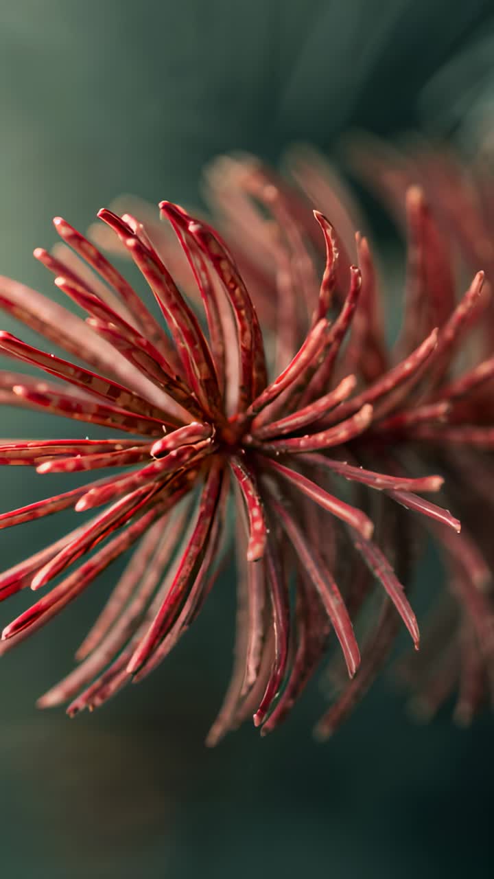Vertical video: Pulling focus, red radial plant shifting in garden, showing spines and blurred form