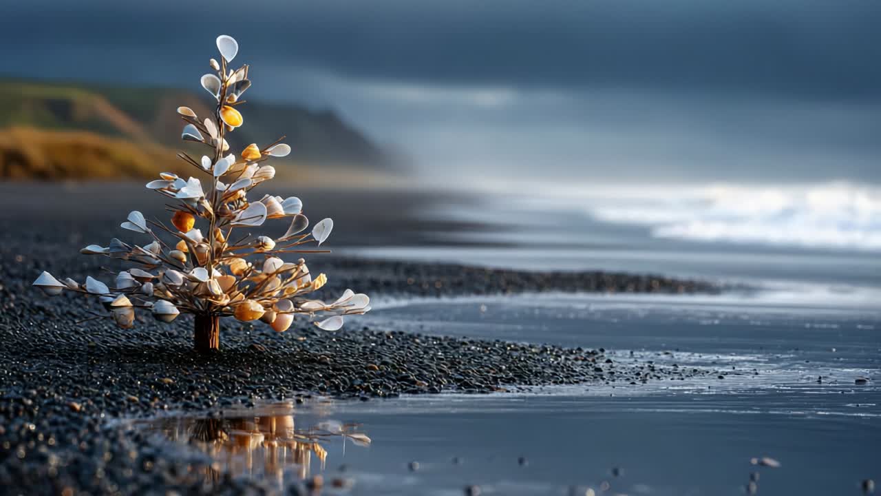 A mesmerizing scene of a uniquely crafted tree made from seashells standing proudly on a tranquil beach, with gentle waves lapping at the shore and a dramatic sky overhead, capturing nature's artistry in a serene coastal setting