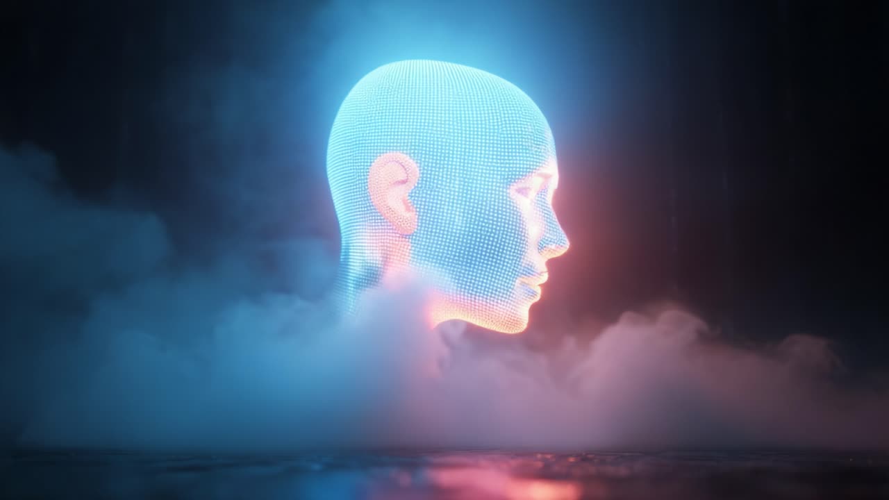 Une visualisation transformatrice de l’intelligence artificielle à travers un visage numérique émerge d’une atmosphère nuageuse, révélant l’interface futuriste de traits humains et de couleurs éclatantes