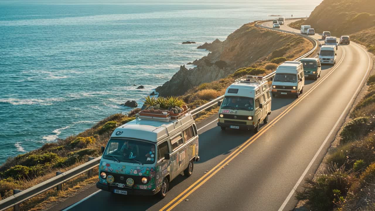 A Scenic Journey Along the Coastal Highway: Vintage Vans Travel Through Breathtaking Landscapes by the Ocean in the Golden Evening Light