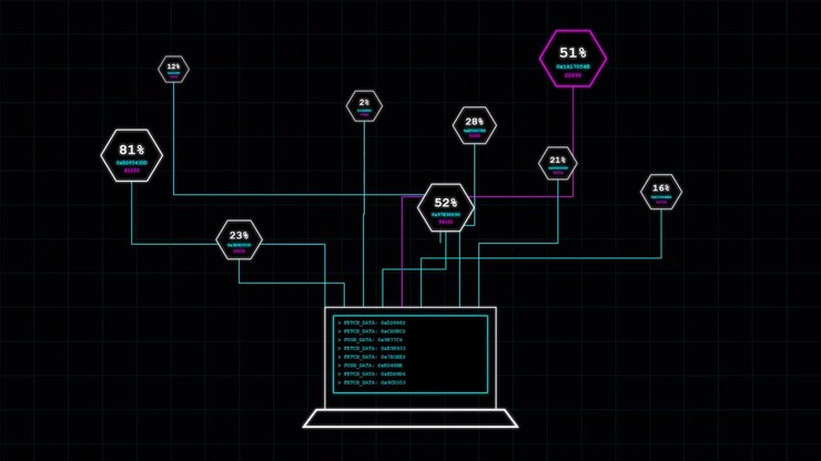 Digital netværksdatavisualisering med bærbar computer og sekskantede noder