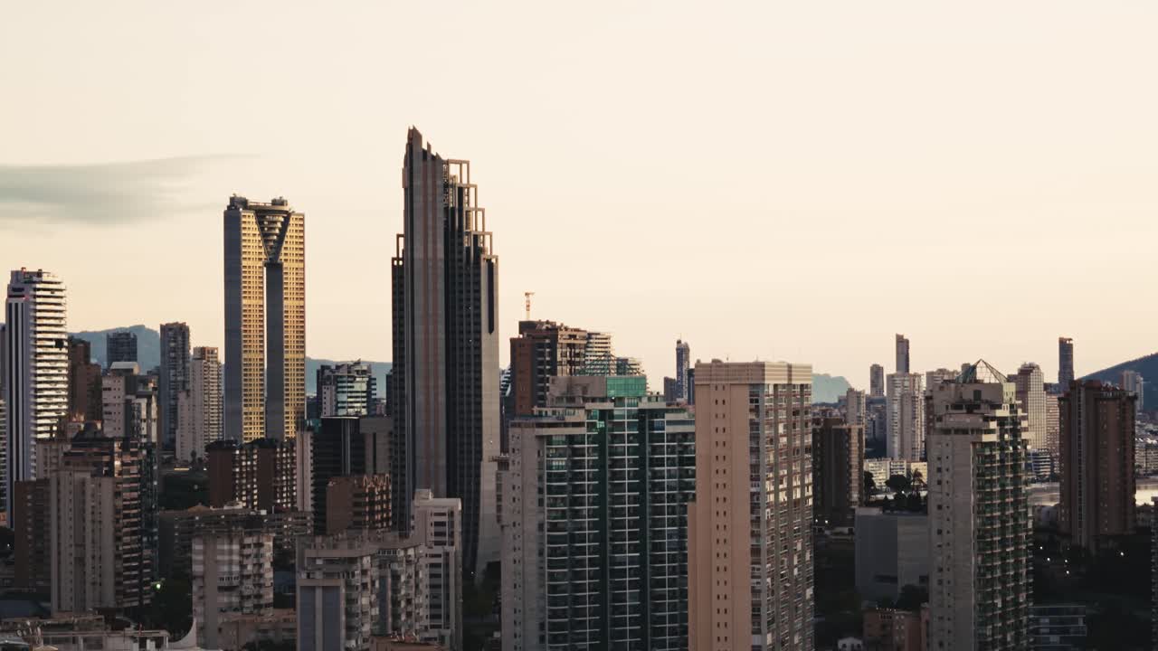 Skyscrapers of Benindorm city of Spain, aerial static view