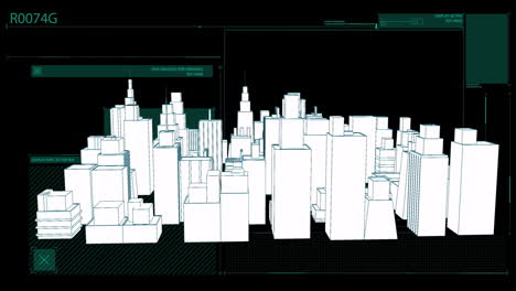 animation of futuristic cityscape with digital interface and data analysis elements