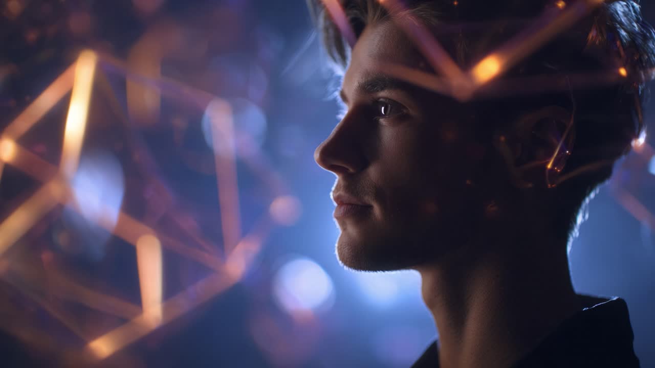 Un ritratto pensieroso di un giovane uomo circondato da forme geometriche luminose e illuminazione soffusa, che cattura l'essenza della contemplazione e della creatività.