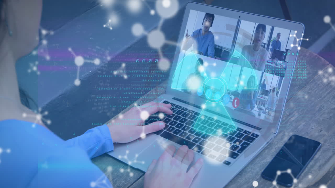 분자의 애니메이션과 다양한 비즈니스 사람들이 비디오 통화를 하는 데이터 처리