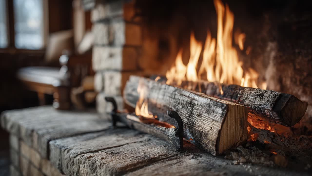 A Warm and Inviting Fireplace with Flickering Flames and a Stacked Log, Creating a Cozy Atmosphere Perfect for Relaxation and Gatherings