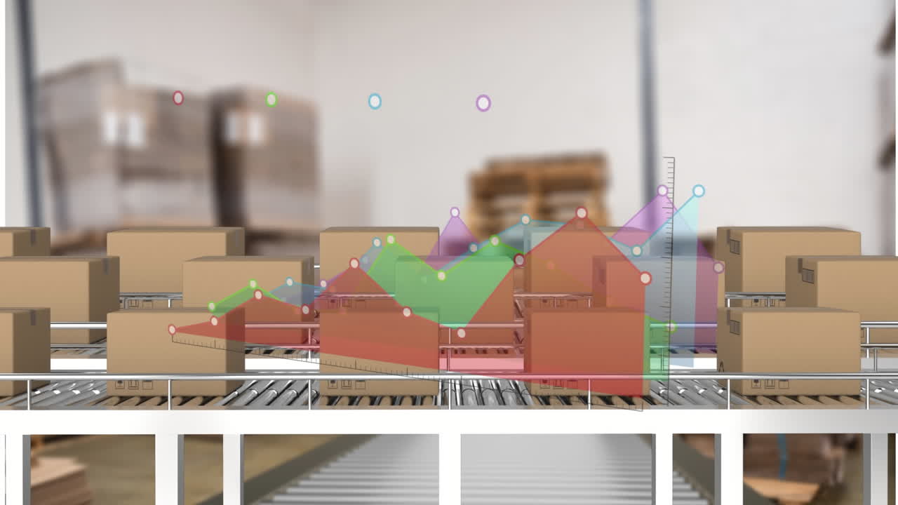 창고에 대항하여 컨베이어 벨트에 배달 상자에 대한 통계 데이터 처리의 애니메이션