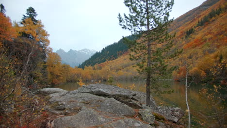 autumn lake scenery with colorful foliage and mountains