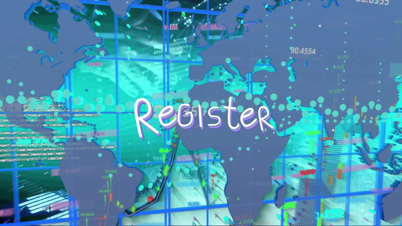 레지스터 텍스트와 세계 지도에 대한 데이터 처리의 애니메이션