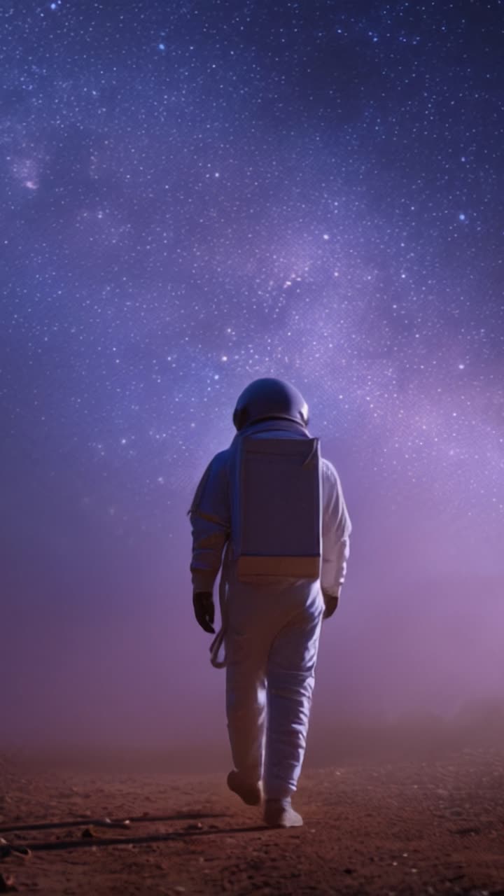 Astronauta idący samotnie pod gwiaździstym niebem, eksplorujący bezmiar kosmosu, ucieleśniający ciekawość i ducha odkrywczości we wszechświecie.