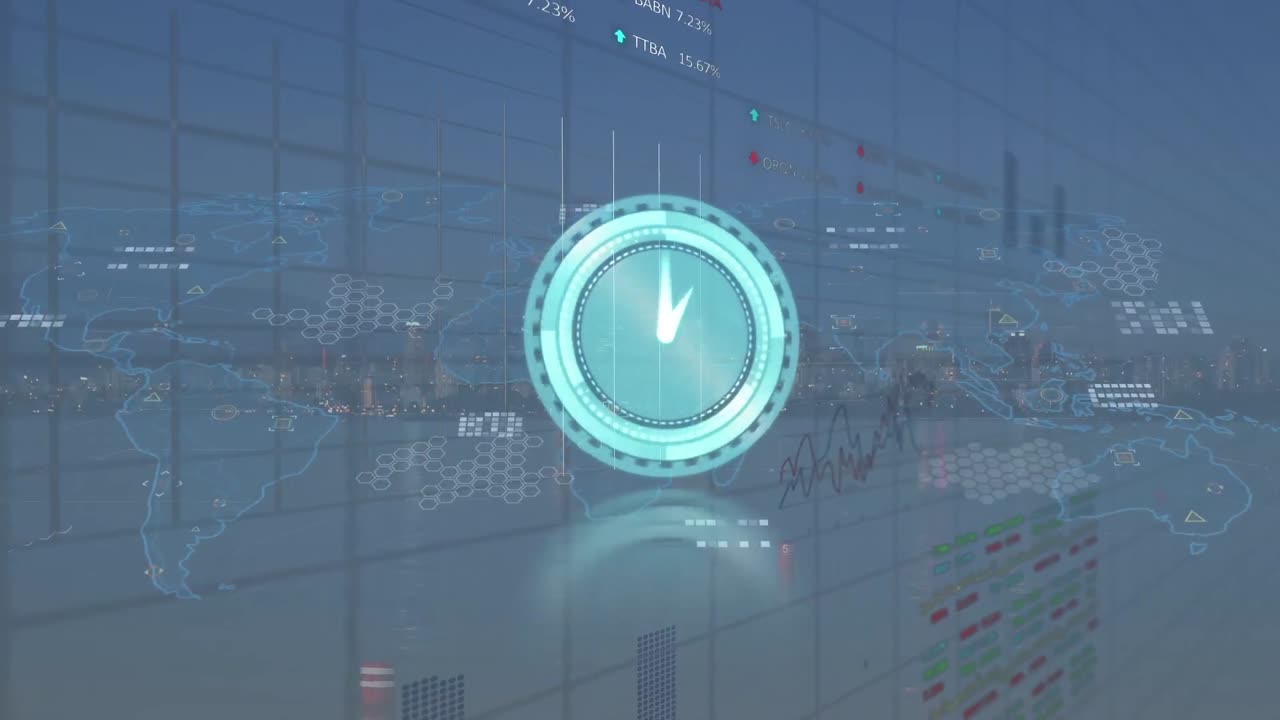 시계의 타이킹과 도시 풍경에 대한 데이터 처리 애니메이션