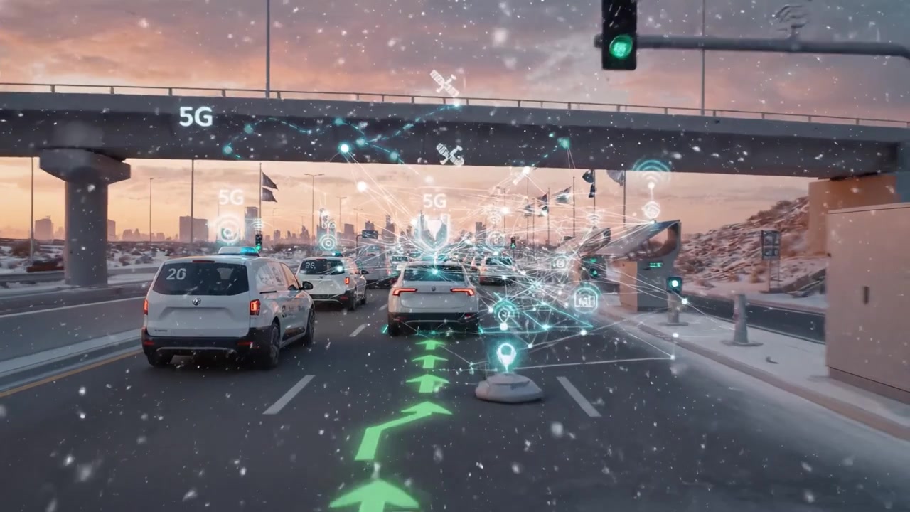 雪の降る都市の交差点に、自転車に乗る人々や車両が行き交い、都市のスカイラインを背景に現代的なインフラと冬の天候下での交通の流れが示されています。
