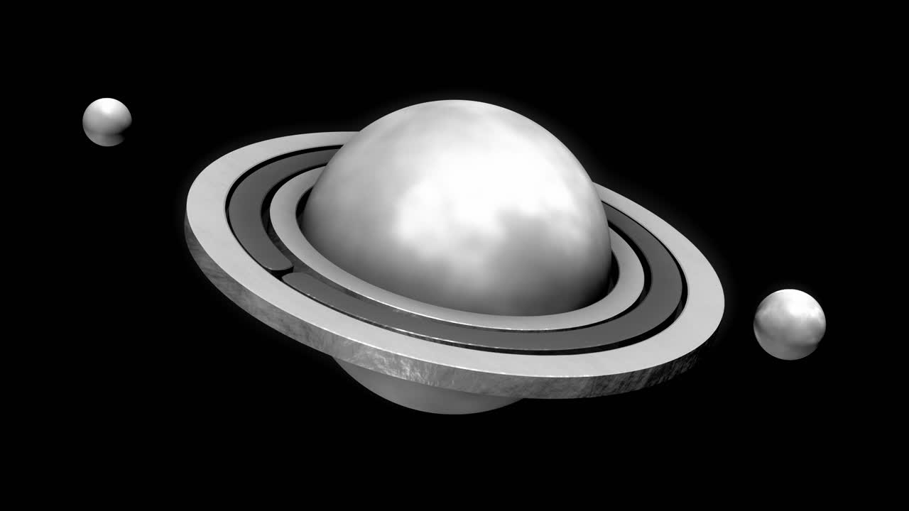 A seamless 3D motion graphics loop showcasing an abstract black-and-white metal planet having rotating rings and accompanied by two small moons drifting in slow orbit