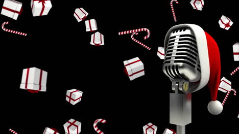 Animation-of-santa-hat-on-vintage-microphone-with-christmas-presents-falling-on-black-background