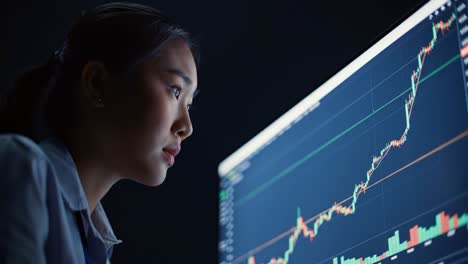 focused analyst observing stock market trends on a digital monitor, analyzing financial data and chart patterns for informed decision-making in investment strategy