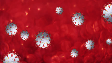 animation of covid 19 cells floating over multiple red blood cells in background