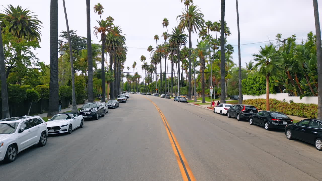 Los Angeles, USA, 29 August 2025: Riding by the road with the rows of parked cars along. Lush greenery around. Neighborhood in Los Angeles, California, USA