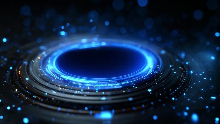 A Stunning Visual Representation of a Dynamic Circular Motion Illuminated by Hypnotic Blue and Sparkling Lights, Creating an Atmospheric Effect of Depth and Energy in a Digital Universe