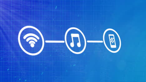 Animation-of-network-of-connections-with-icons-over-grid-on-blue-background