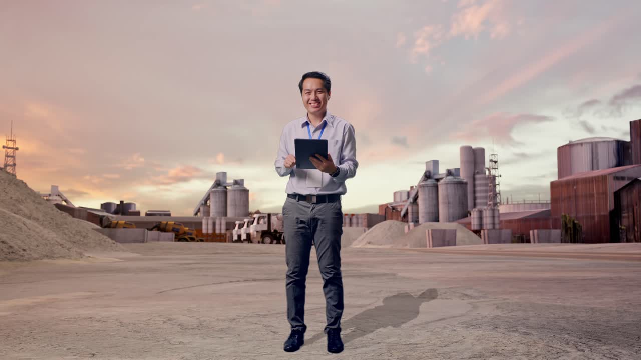 Full Body Of An Asian Male Professional Worker Standing at Industrial Cement Plant with Sunset, Typing On Tablet'S Keyboard With Green Screen And Look At The Factory Once