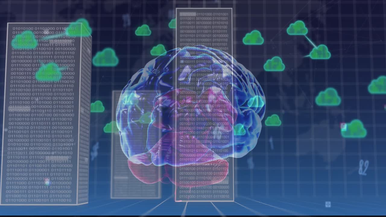 회전하는 뇌, 구름 및 데이터 처리의 애니메이션 그리드와 어두운 파란색 배경