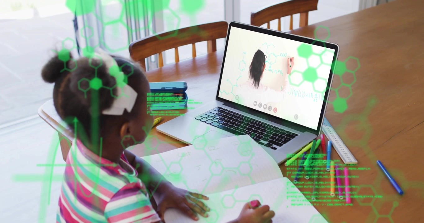 Girl viewing tutor writing on laptop, drawing with pink crayon for learning, green overlay drifting