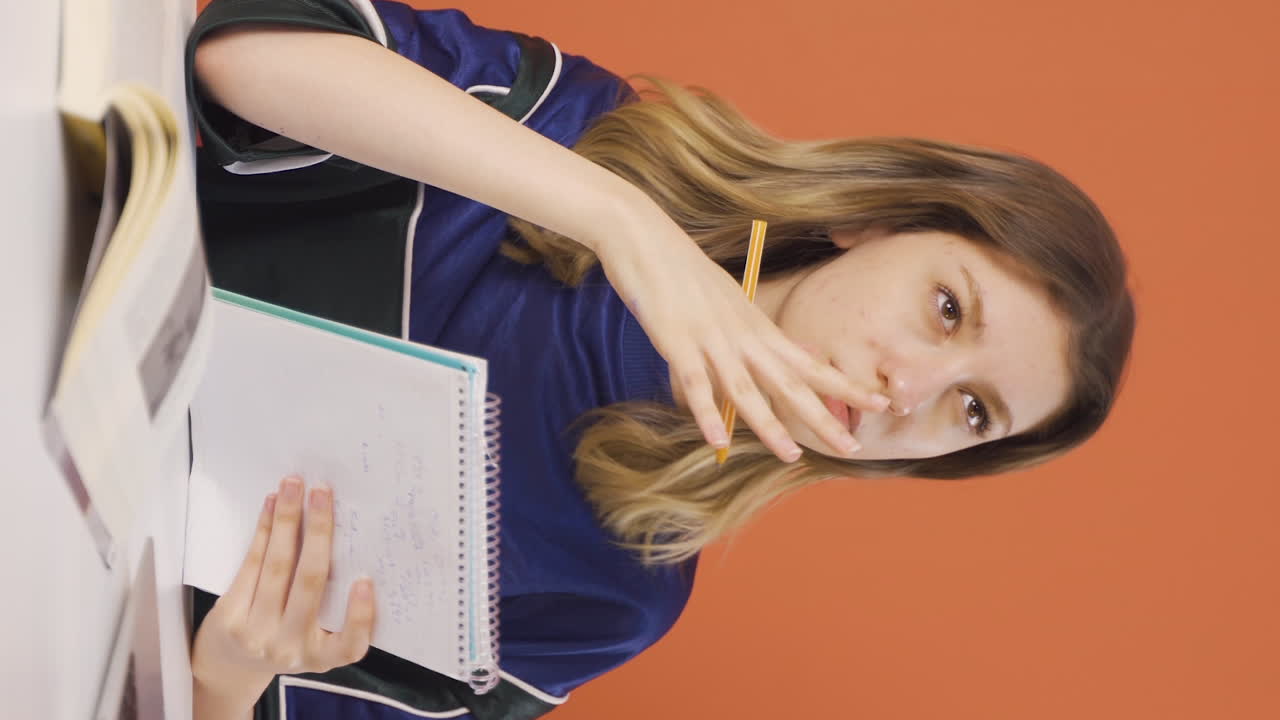 Vertical video of Confused young woman thinks and can't figure it out.