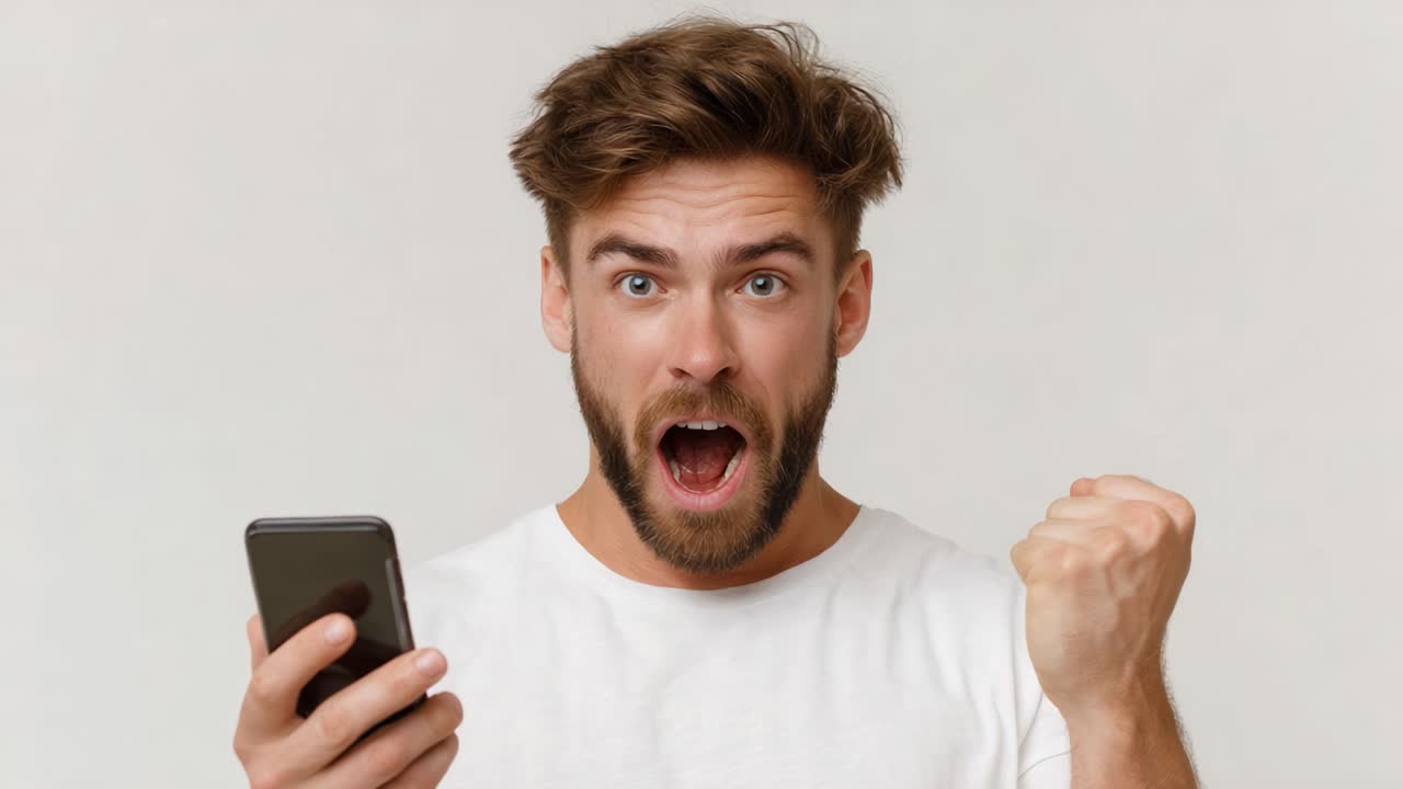 Excited Young Man Celebrating Success While Holding His Smartphone, Expressing Joy and Triumph with a Big Smile and Energetic Fist Pump Gesture