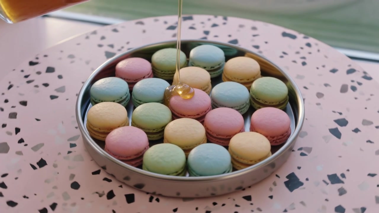 Pouring jug starting drip drizzling syrup onto round metal tray of pastel macarons on pink terrazzo