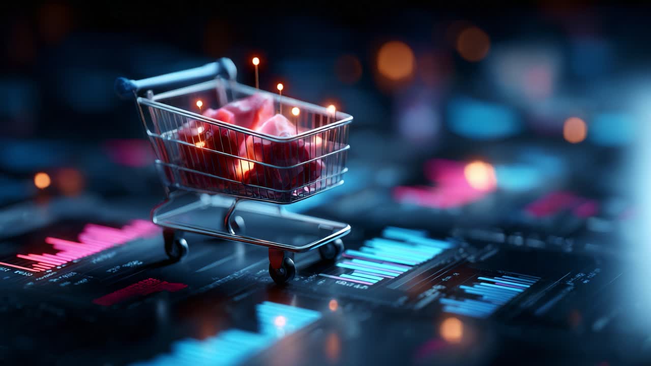 A digital shopping cart filled with glowing items highlights the intersection of commerce and technology, showcasing modern retail strategies in a vibrant, data-driven environment