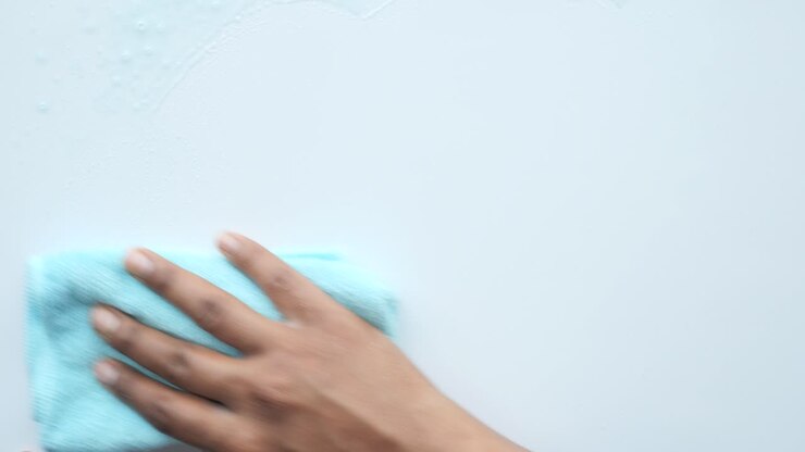 Cleaning a light colored wall with a light blue cloth